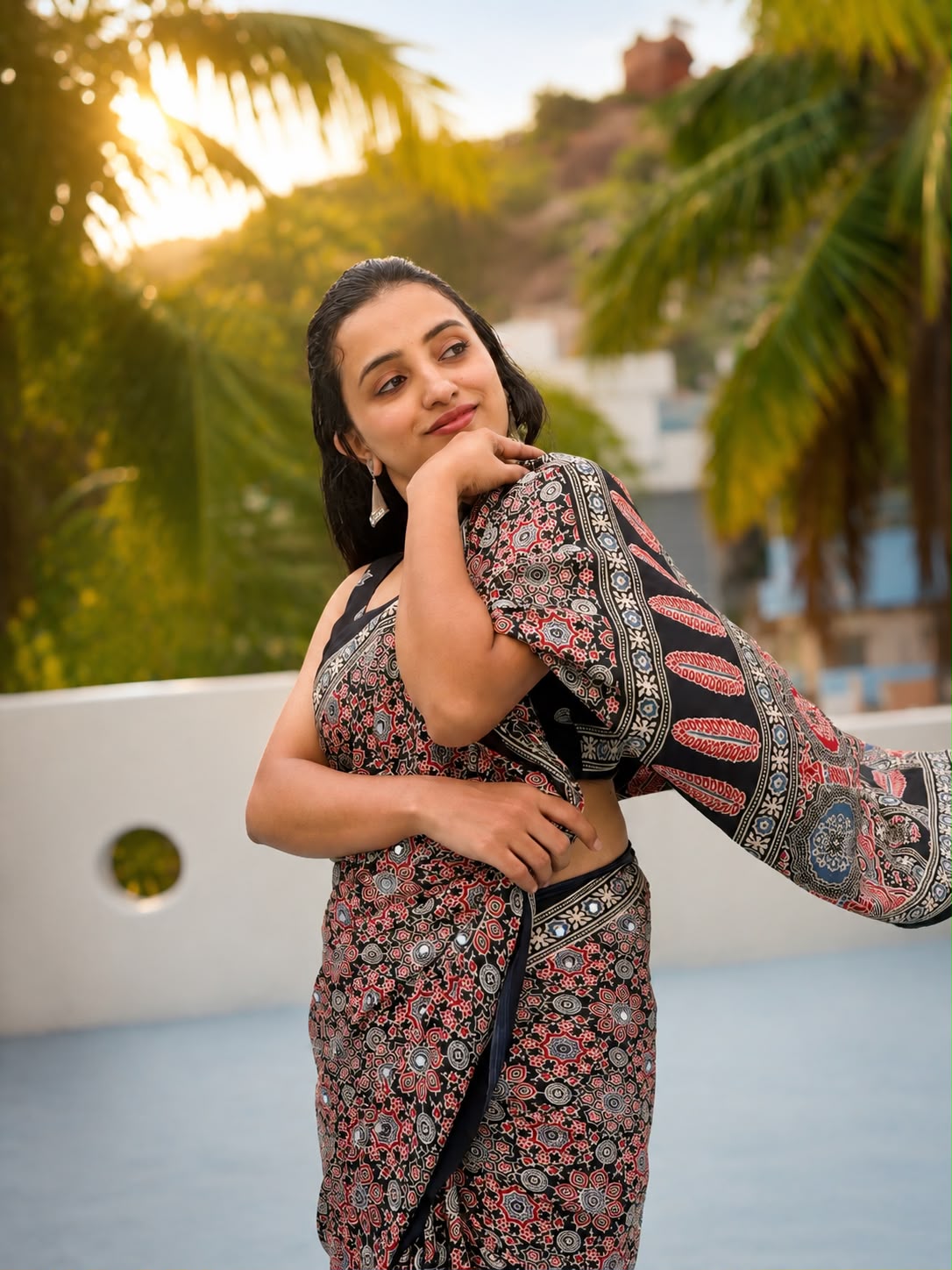 Modal ajrak mirror work saree