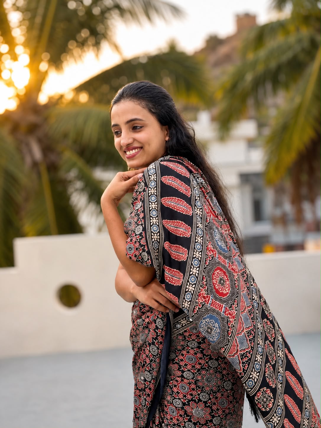 Modal ajrak mirror work saree