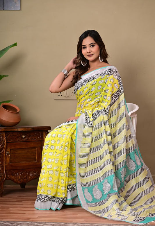 Bagru Handblock Print Linen Saree