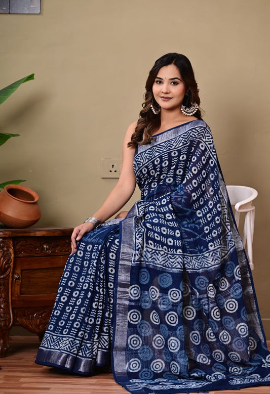 Bagru Handblock Print Linen Saree