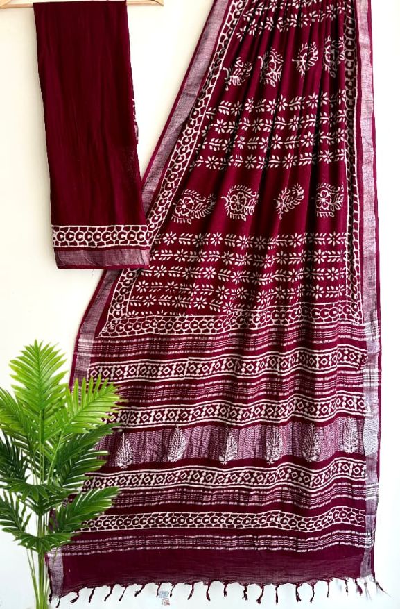 Bagru Handblock Print Linen Saree