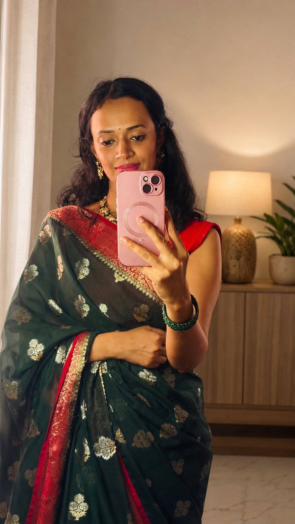 Green and Red Contrast Banarasi Georgette saree