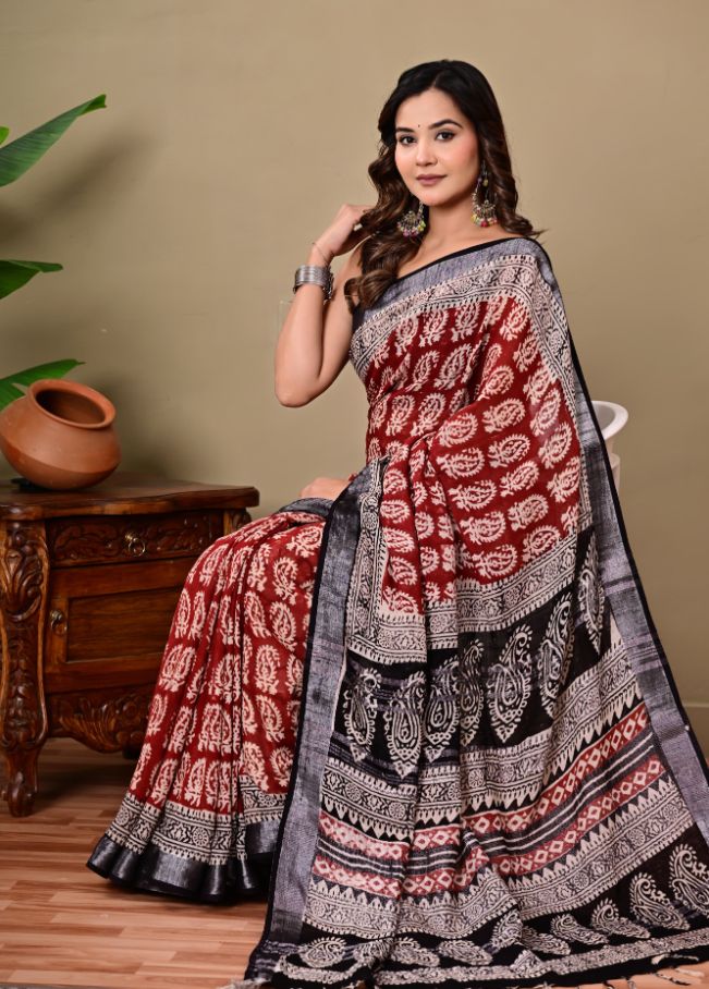 Bagru Handblock Print Linen Saree