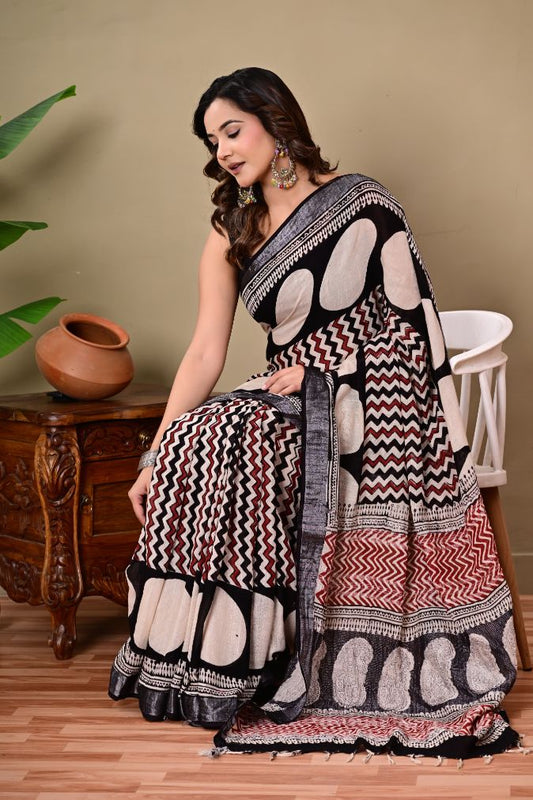 Bagru Handblock Print Linen Saree