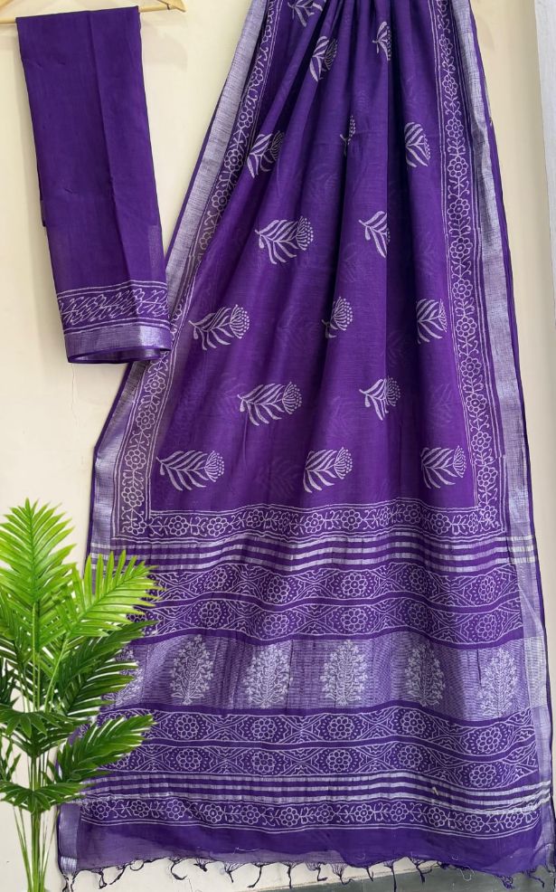 Bagru Handblock Print Linen Saree