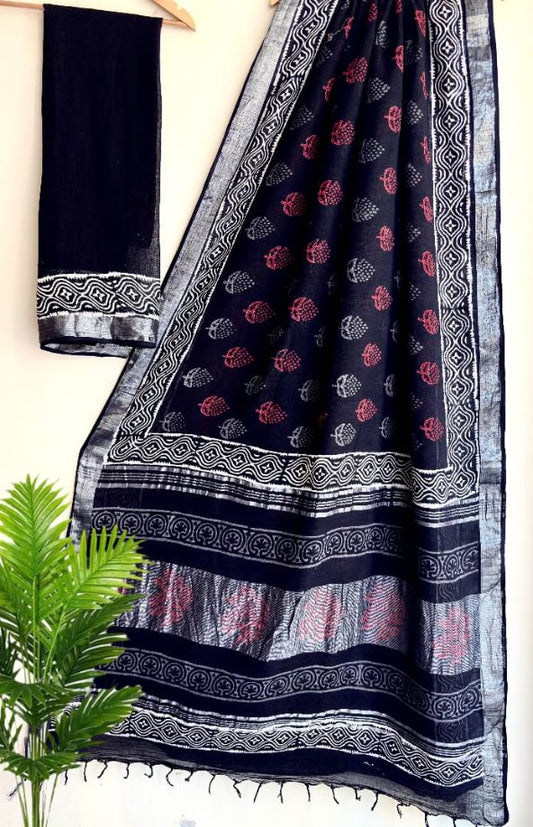 Bagru Handblock Print Linen Saree