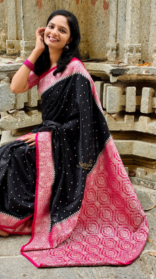 Black Banarasi Embroidery Mashru Katan Silk Saree with Rani pink border (Handloom)