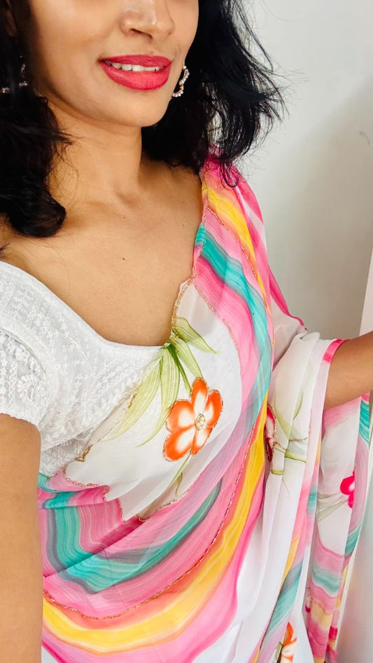 Pure Georgette hand brush painted, Handwork saree
