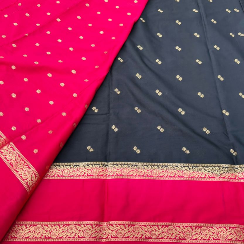 Black and Rani pink Mysore Crepe Semi