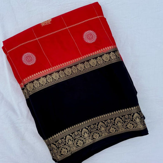 Red and Black Mysore Crepe Semi