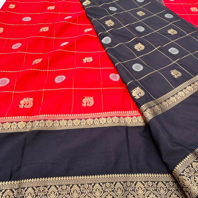 Red and Black Mysore Crepe Semi