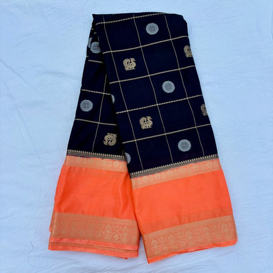 Black and Peach Mysore Crepe Semi