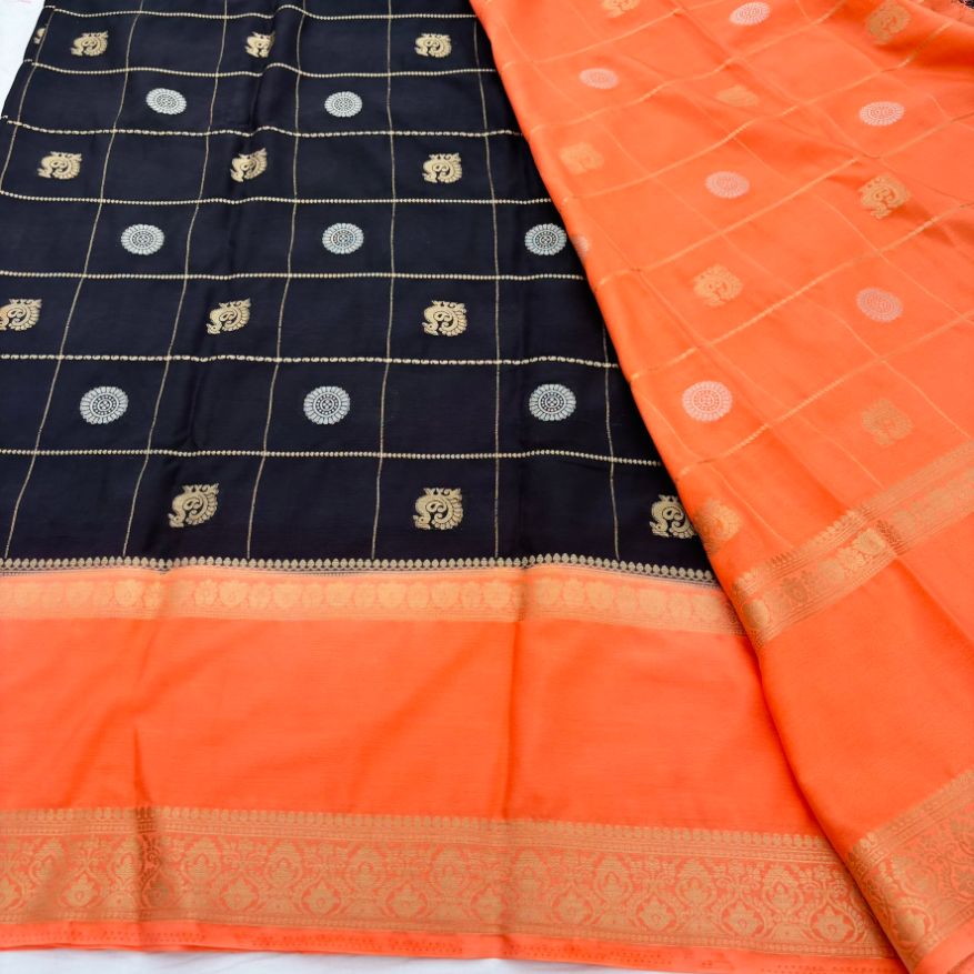 Black and Peach Mysore Crepe Semi