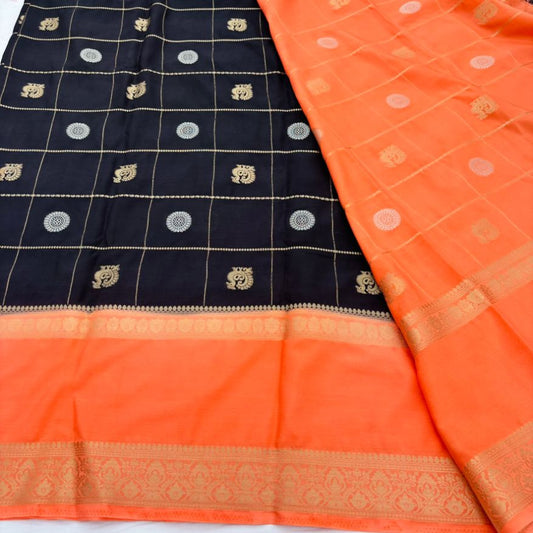 Black and Peach Mysore Crepe Semi