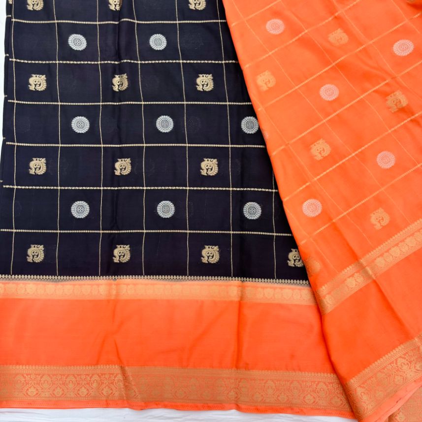 Black and Peach Mysore Crepe Semi