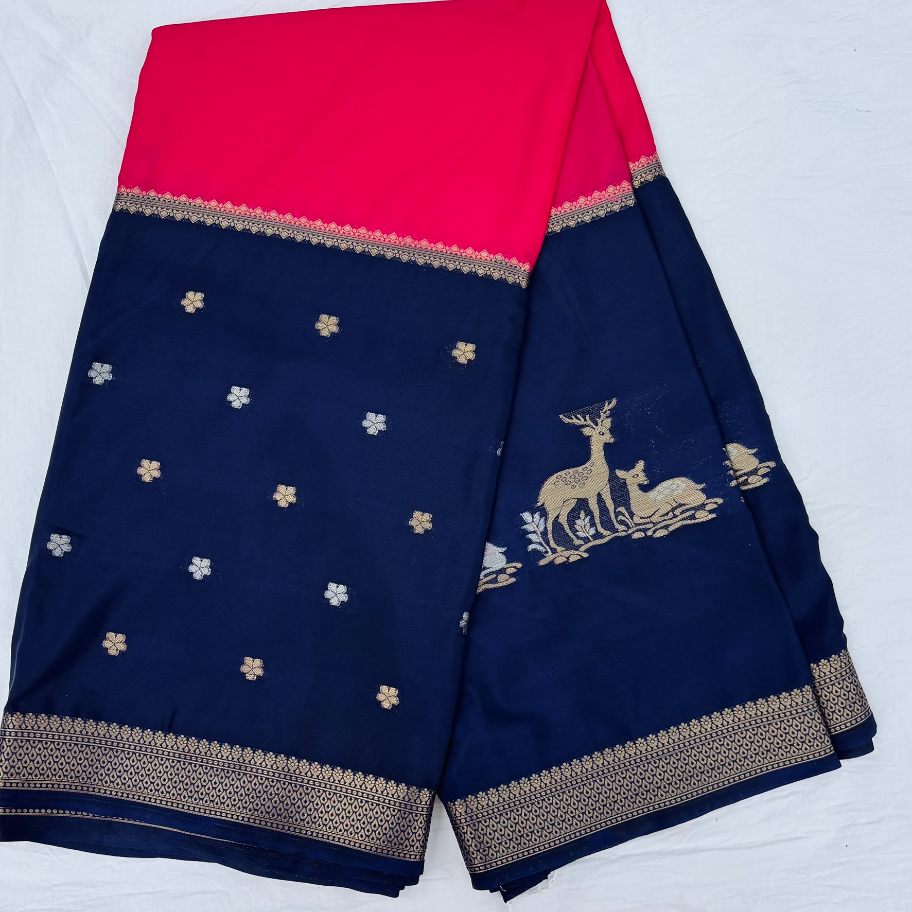Blue and Rani pink Mysore Crepe Semi