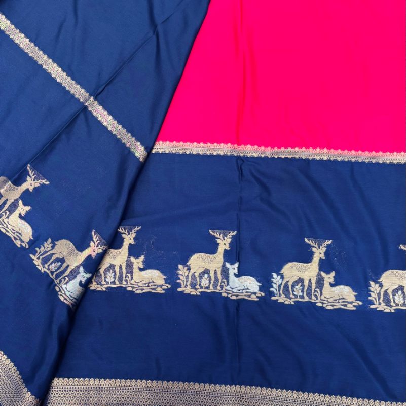 Blue and Rani pink Mysore Crepe Semi