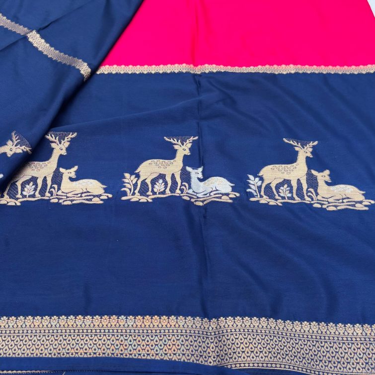 Blue and Rani pink Mysore Crepe Semi
