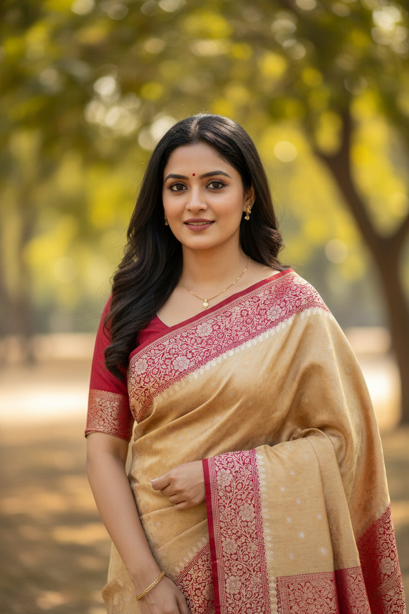Banarasi Embroidery Mashru Katan Silk Saree with Rani pink border (Handloom) (Copy)