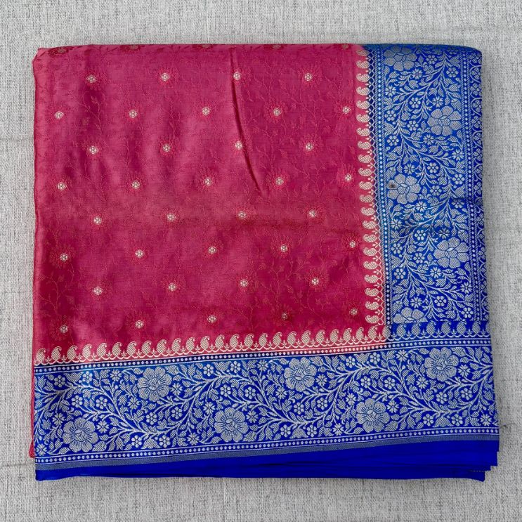 Banarasi Embroidery Mashru Katan Silk Saree with Rani pink border (Handloom)