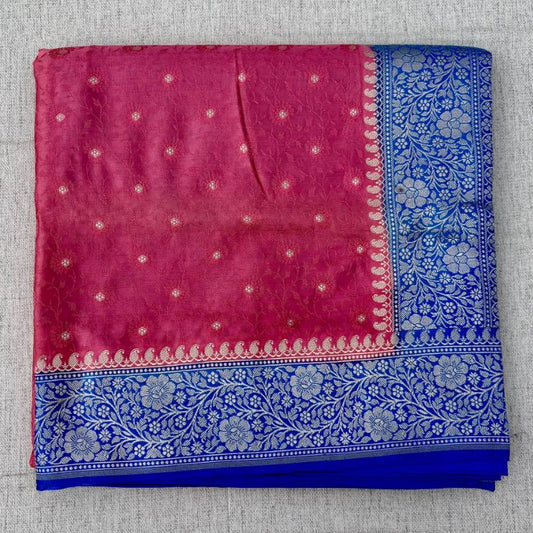 Banarasi Embroidery Mashru Katan Silk Saree with Rani pink border (Handloom)