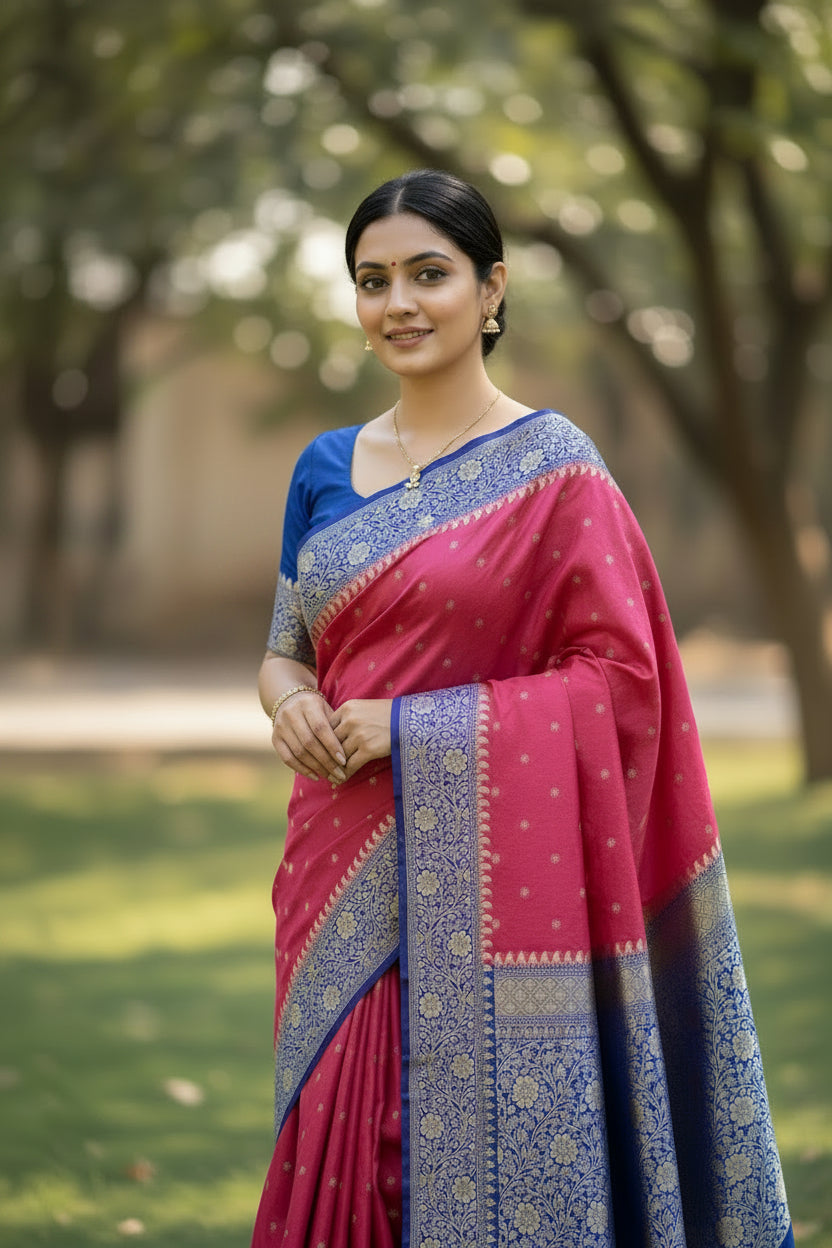 Banarasi Embroidery Mashru Katan Silk Saree with Rani pink border (Handloom)