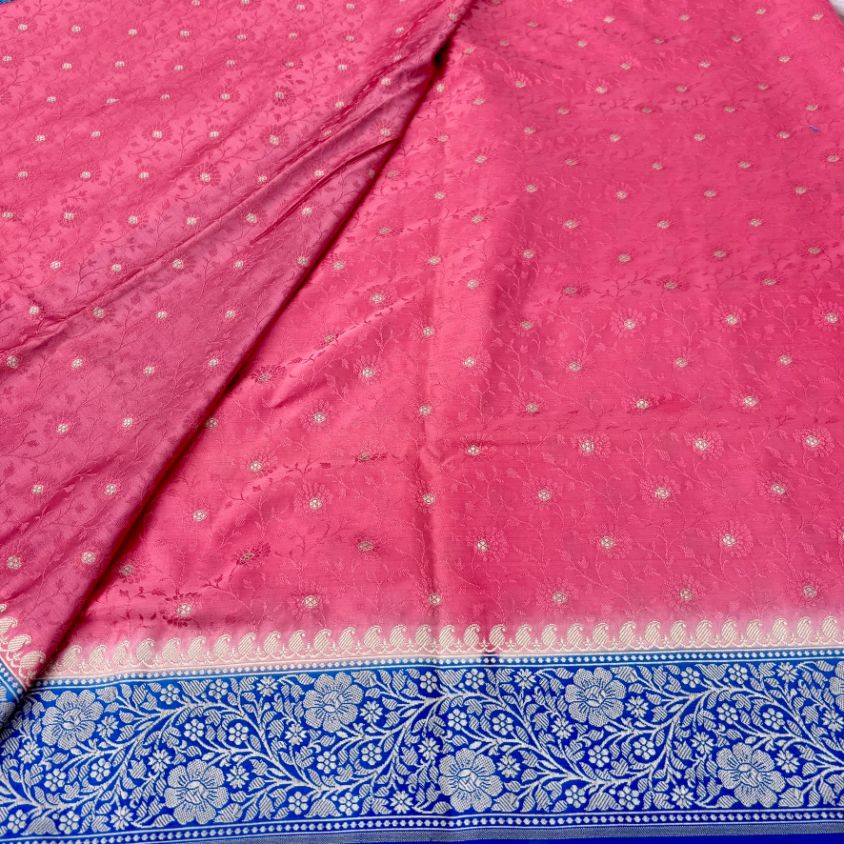 Banarasi Embroidery Mashru Katan Silk Saree with Rani pink border (Handloom)