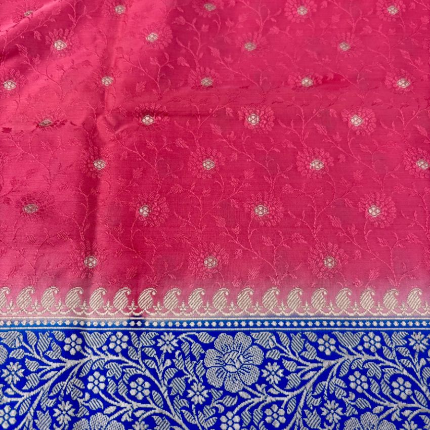 Banarasi Embroidery Mashru Katan Silk Saree with Rani pink border (Handloom)