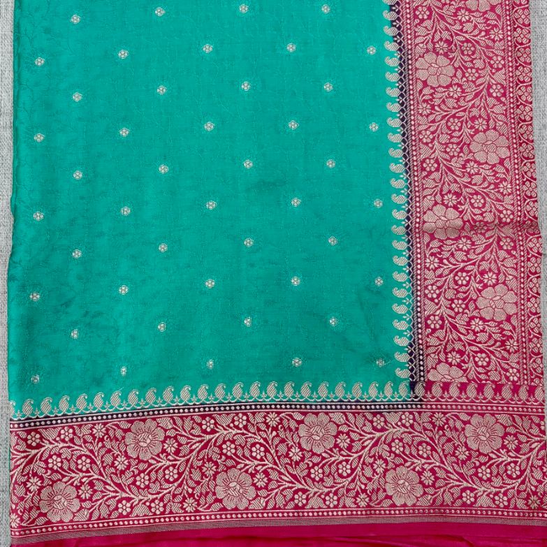 Banarasi Embroidery Mashru Katan Silk Saree with Rani pink border (Handloom)