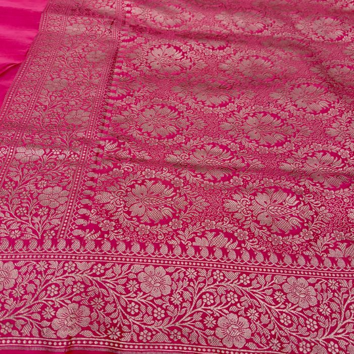 Banarasi Embroidery Mashru Katan Silk Saree with Rani pink border (Handloom)