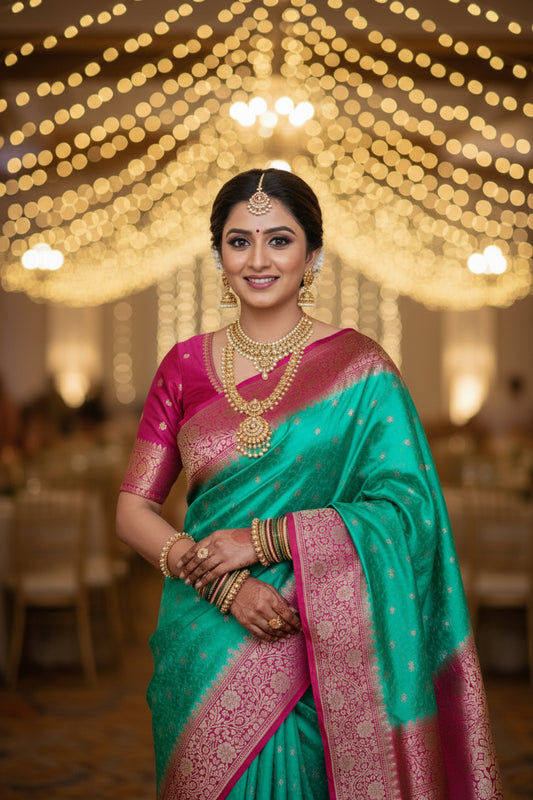 Banarasi Embroidery Mashru Katan Silk Saree with Rani pink border (Handloom)