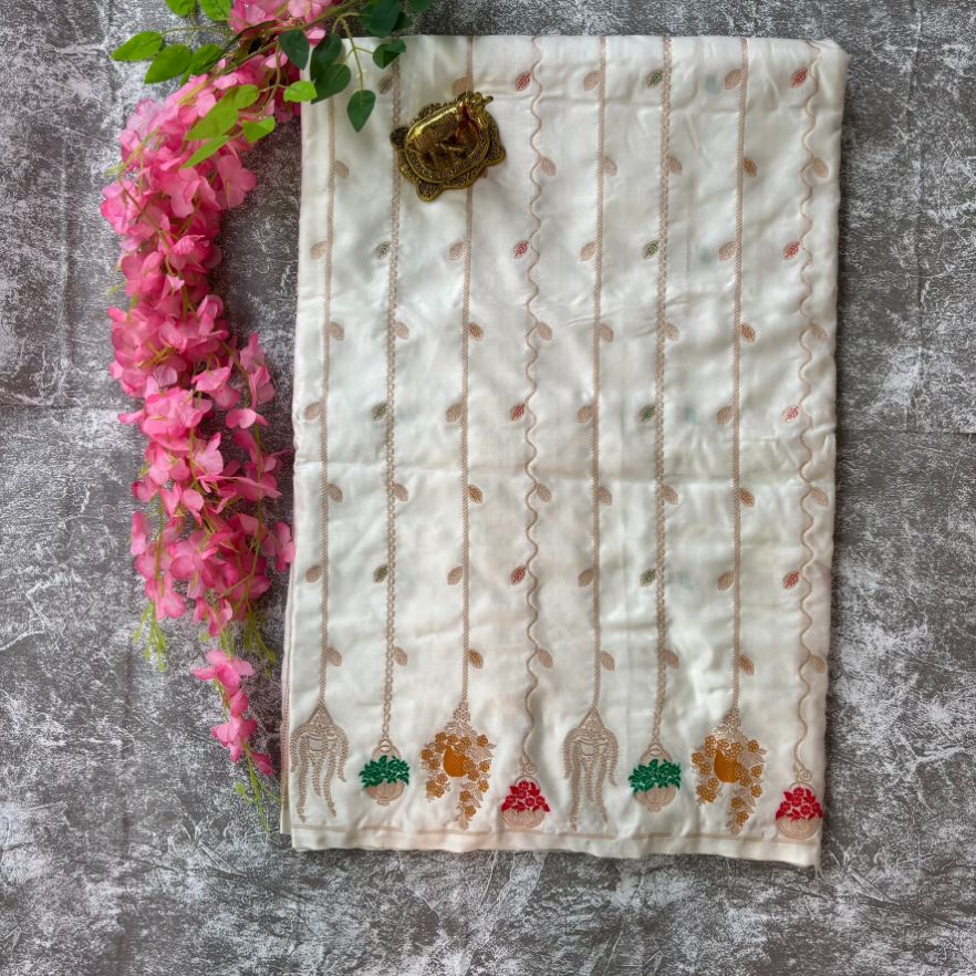 White Banarasi Meena Mashru Katan Silk Saree