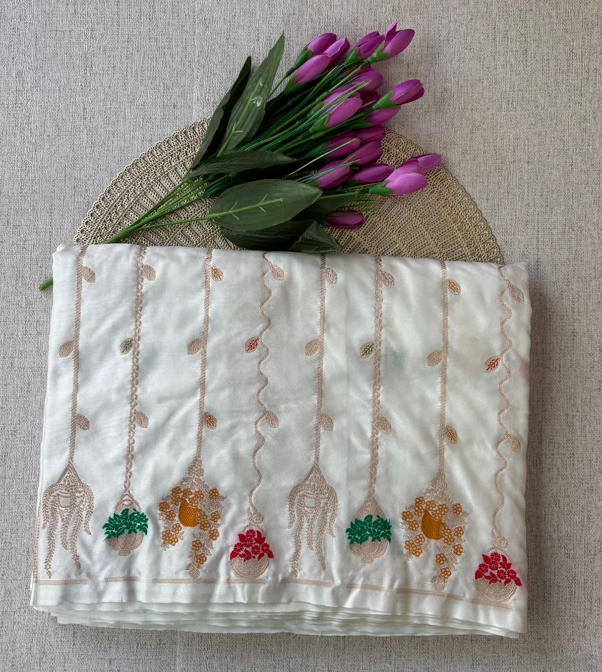 White Banarasi Meena Mashru Katan Silk Saree