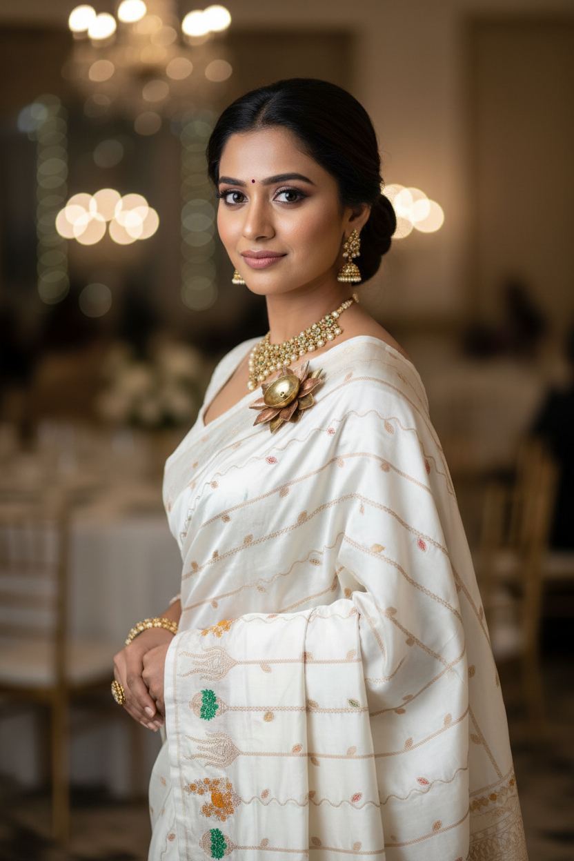 White Banarasi Meena Mashru Katan Silk Saree