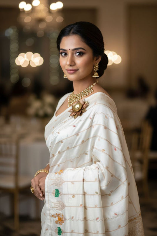 White Banarasi Meena Mashru Katan Silk Saree