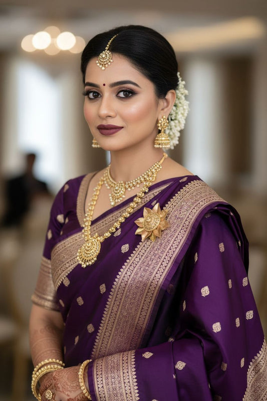 Wine Banarasi Meena Mashru Katan Silk Saree