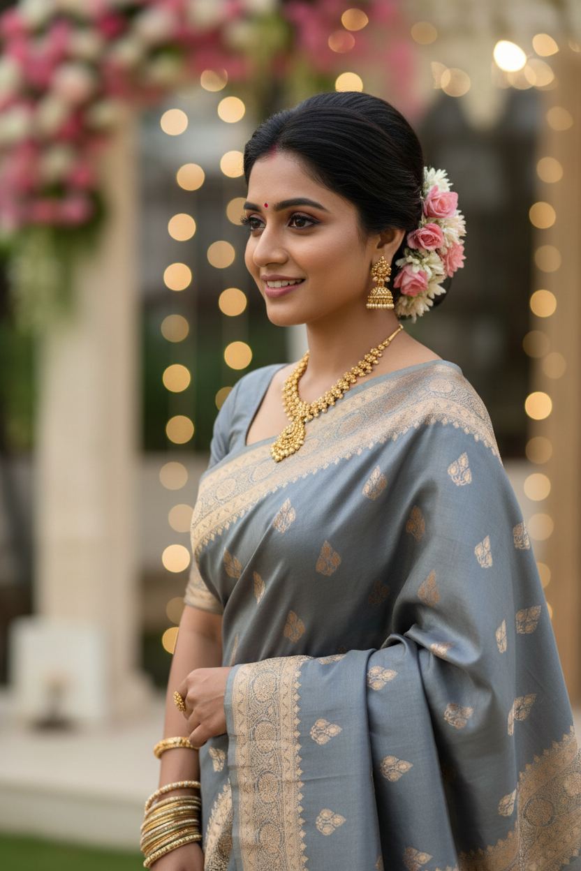 Grey Banarasi Meena Mashru Katan Silk Saree