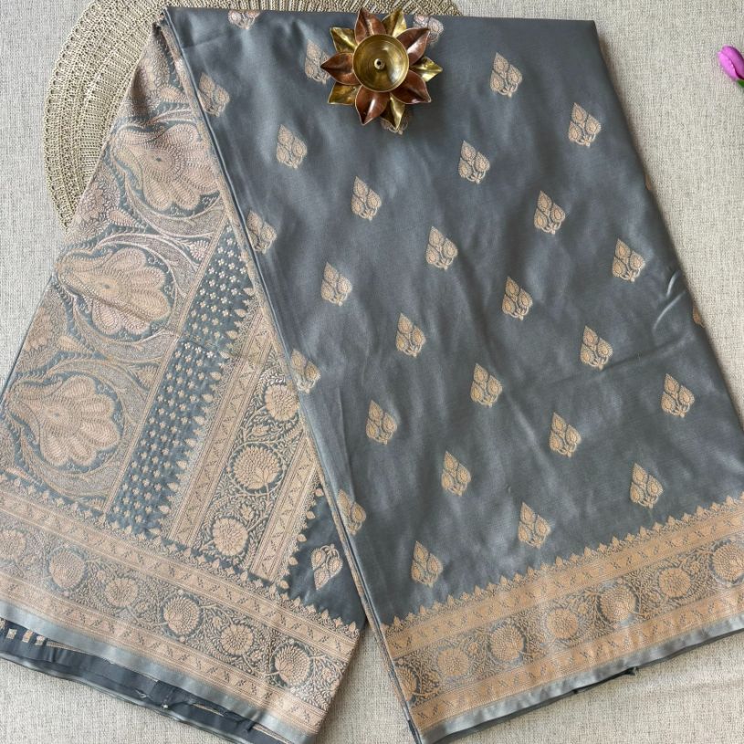 Grey Banarasi Meena Mashru Katan Silk Saree
