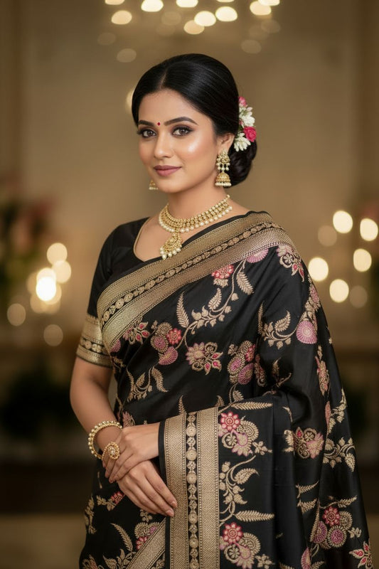 Black Banarasi Meena Mashru Katan Silk Saree