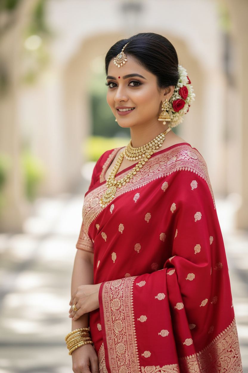 Red Banarasi Meena Mashru Katan Silk Saree