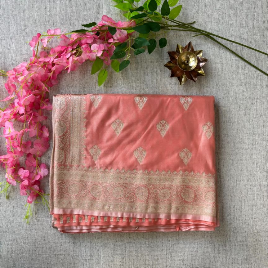 Peach Banarasi Meena Mashru Katan Silk Saree