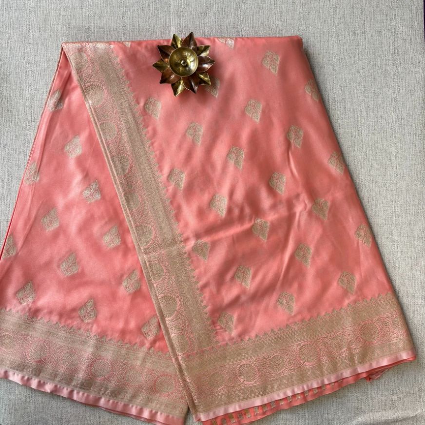 Peach Banarasi Meena Mashru Katan Silk Saree
