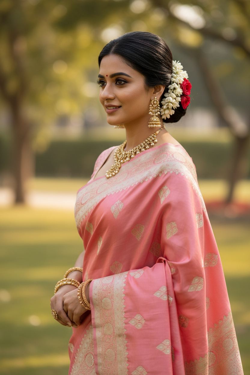 Peach Banarasi Meena Mashru Katan Silk Saree