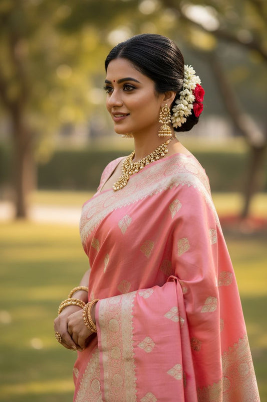 Peach Banarasi Meena Mashru Katan Silk Saree