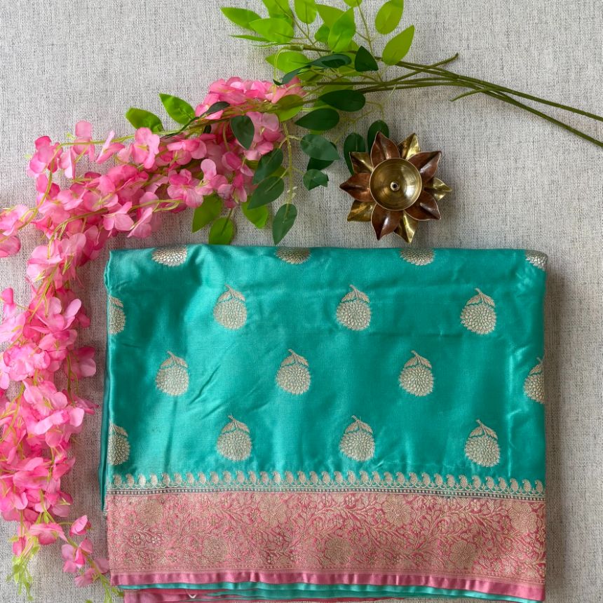 Rama Green and Pink Mashru Katan Silk Saree