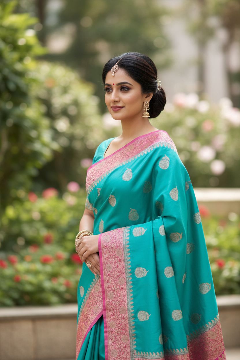 Rama Green and Pink Mashru Katan Silk Saree