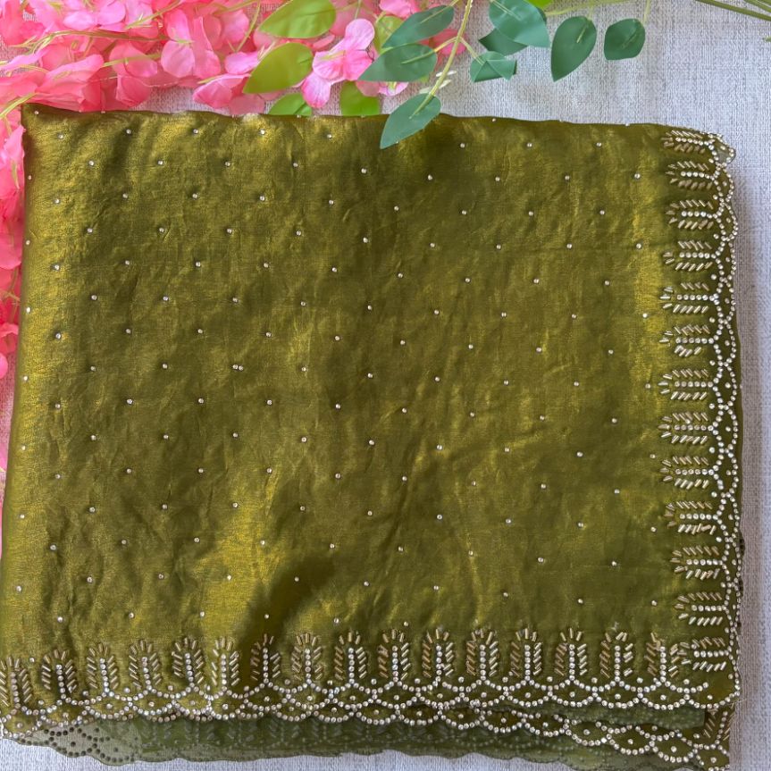 Party wear Mehandi Green saree with Black Blouse with Dimond work