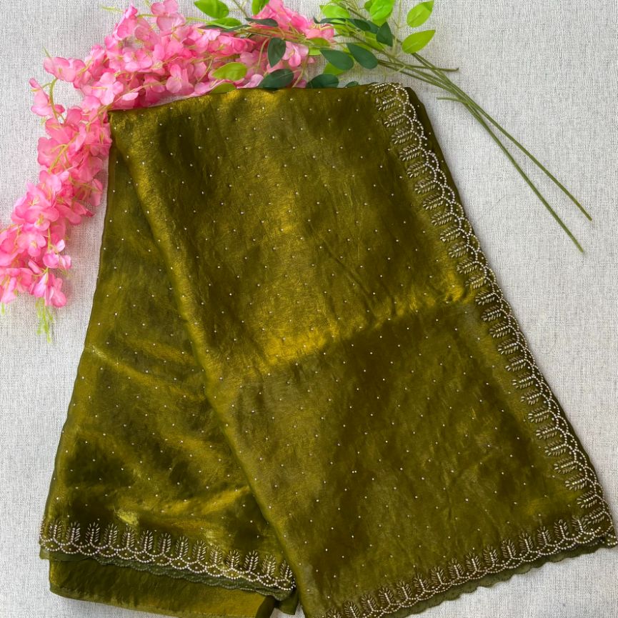 Party wear Mehandi Green saree with Black Blouse with Dimond work