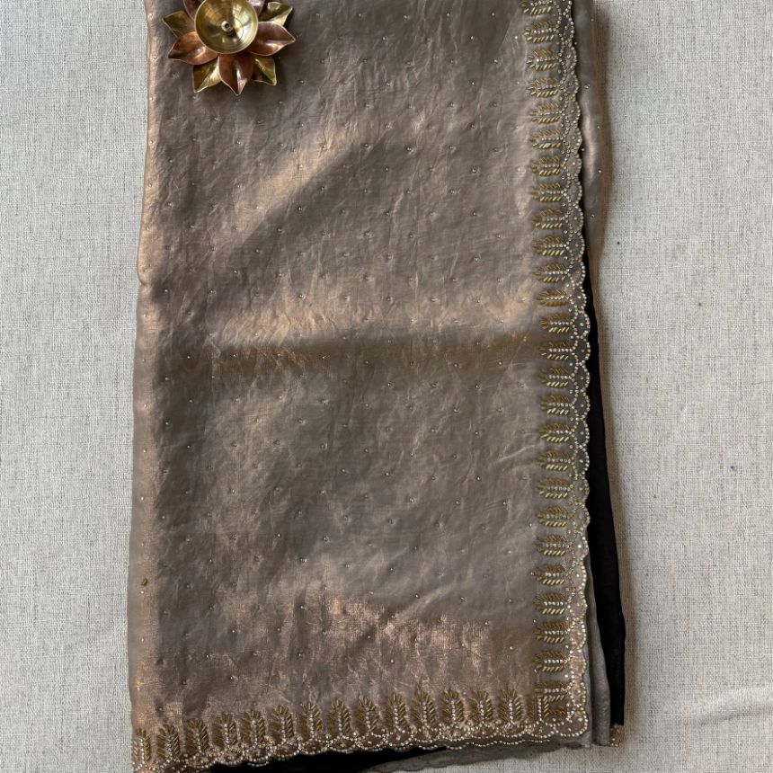 Party wear shimmer Beige with Black Blouse with Dimond work