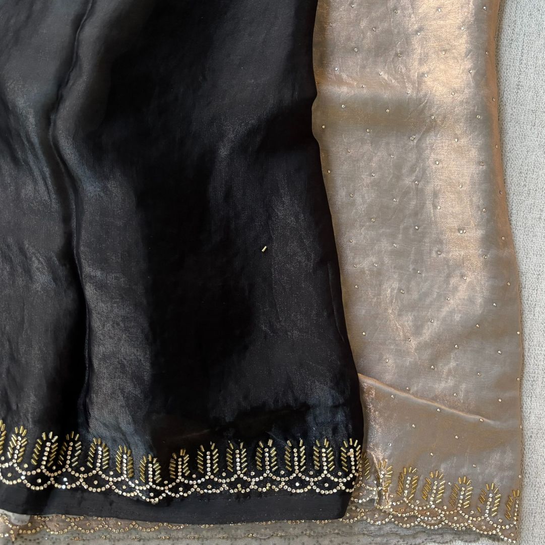 Party wear shimmer Beige with Black Blouse with Dimond work